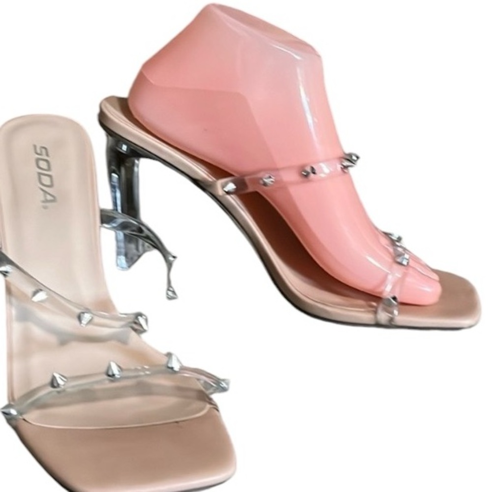 Soda Mule Heel Clear Strapy Spikes Size 9